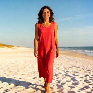 OUTFIT JPR Linen Maxi Dress Women Red Sleeveless Beaded bottom Detail L